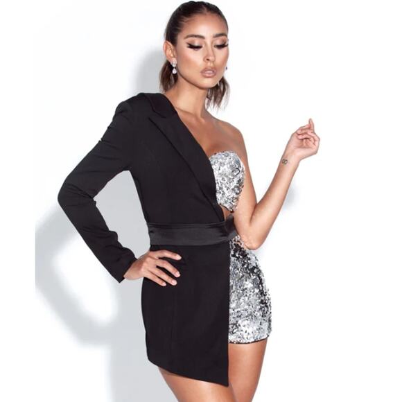 Miss Circle Skylynn Sequin Black Blazer Romper Belted Cut Out Sparkle Dress - Picture 3 of 16